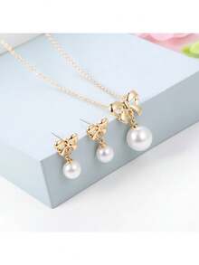 新品珠宝热销蝴蝶结珍珠吊坠项链耳环优雅套装，公主风格珠宝套装，适合作为生日礼物、节日礼物、返校佩戴