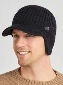1pc Winter Knit Beanie Hat, Korean Style Men's Warm Ear Protection Visor Baseball Cap Fall Outfit - A - View 15