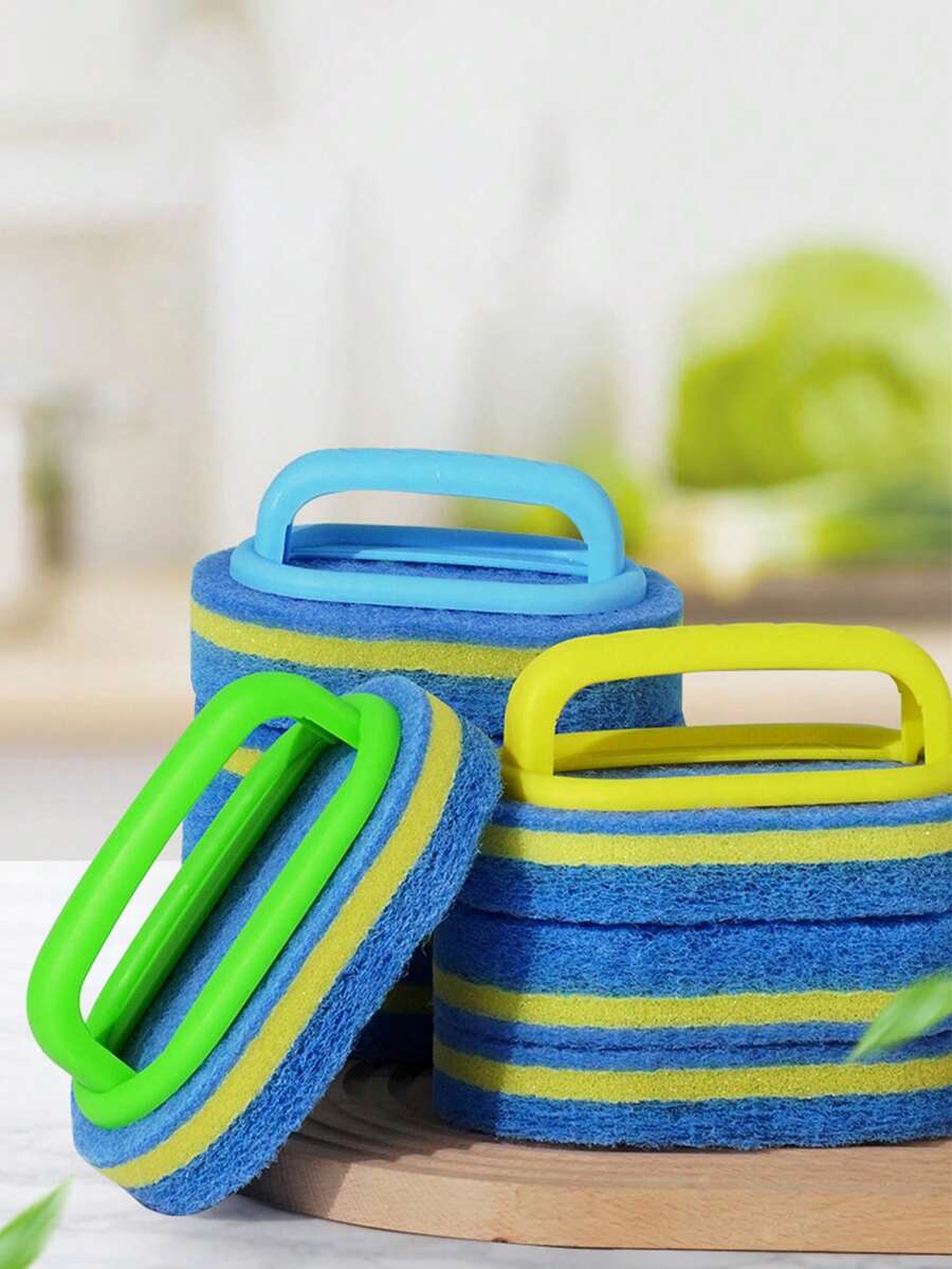 1 pieza Cepillo de limpieza multifuncional con mango (color aleatorio), cepillo de baño para azulejos y baldosas engrosado y ampliado, cepillo de limpieza para ollas y fregaderos, con esponja fuerte para fregar, apto para limpieza multiusos, incluyendo baños, cocinas y pisos, puede limpiar eficazmente manchas de grasa en bañeras, azulejos, estufas y vidrio.