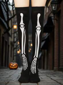 2 Pairs/1 Pair Women Gothic Style Skeleton Bone & Bloody Pattern Over-The-Knee Socks, Suitable For Halloween Costume Play, Y2k