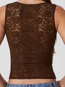 Women's Lace Tank Tops Sleeveless Square Neck Solid Color Slim Fit Tops Casual Summer Shirts - Dark Brown - View 1