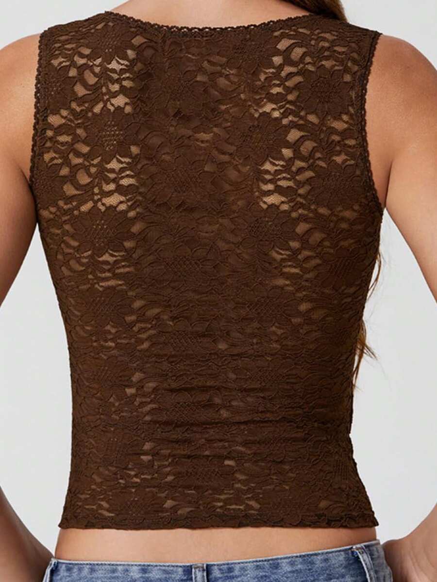 Women's Lace Tank Tops Sleeveless Square Neck Solid Color Slim Fit Tops Casual Summer Shirts - Dark Brown - View 1