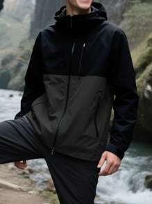 男士长袖抽绳连帽防水休闲多口袋拉链防风夹克，适合日常穿着，秋季百搭 - 灰色 - 查看 2