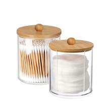 2pcs Transparent Cleaning Swab Storage Box, Multifunctional Organizer Jar With Bamboo Lid - Clear - View 1