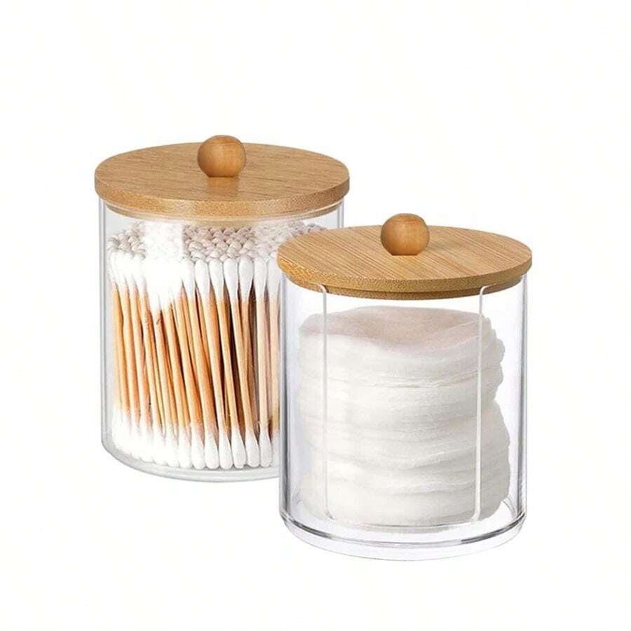 2pcs Transparent Cleaning Swab Storage Box, Multifunctional Organizer Jar With Bamboo Lid - Clear - View 1