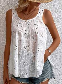 Women's Embroidery Eyelet Tank Tops Sleeveless Scoop Neck Solid Color Loose Fit Tops Casual Summer Shirts