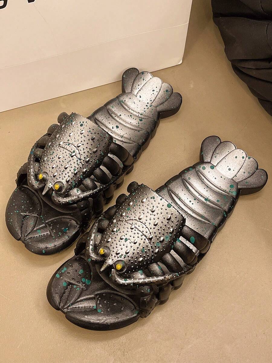 男士塑料拖鞋，情侣款搞怪卡通龙虾拖鞋，休闲家居拖鞋，配色简洁，脚感舒适，时尚舒适，适用于浴室、沙滩及日常场景，轻便实用的室内鞋，休闲沙滩度假搞怪卡通平底拖鞋，男士休闲凉鞋