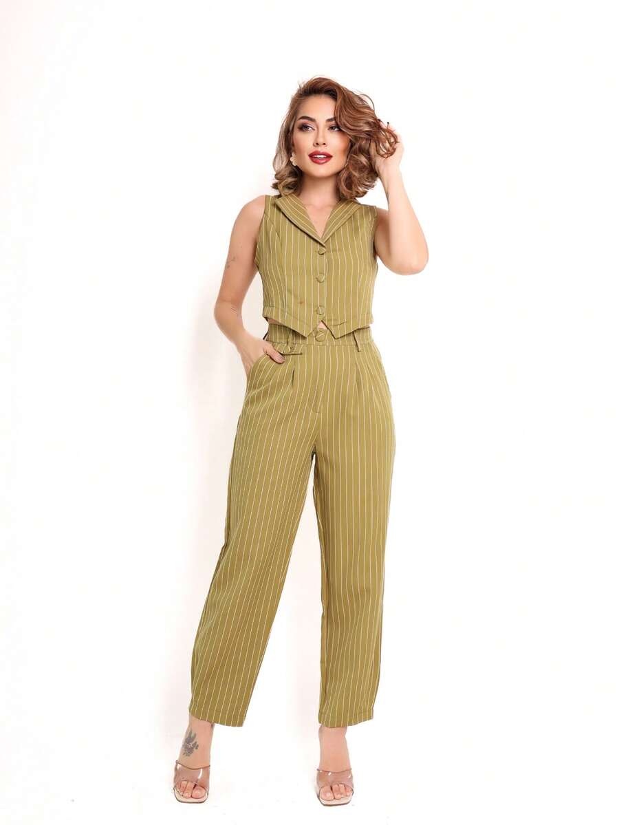 Women's Two-Piece Set With Striped Vest And Pants - 駝色 - 查看 1