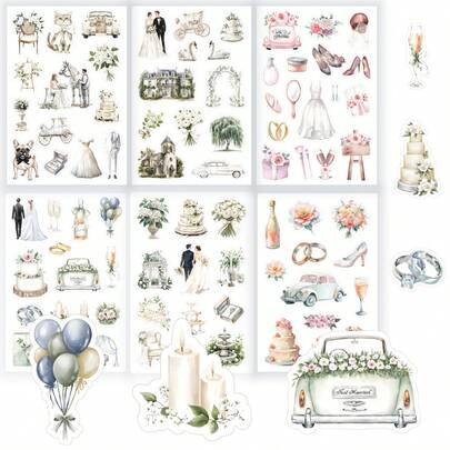 Zestaw 6/82 naklejek z motywem ślubu w akwarelowym stylu, w tym naklejki na opakowania, naklejki na prezenty świąteczne, naklejki do planera, odpowiednie na pamiątki ślubne, planowanie ślubu, planowanie walentynek, artykuły szkolne, powrót do szkoły