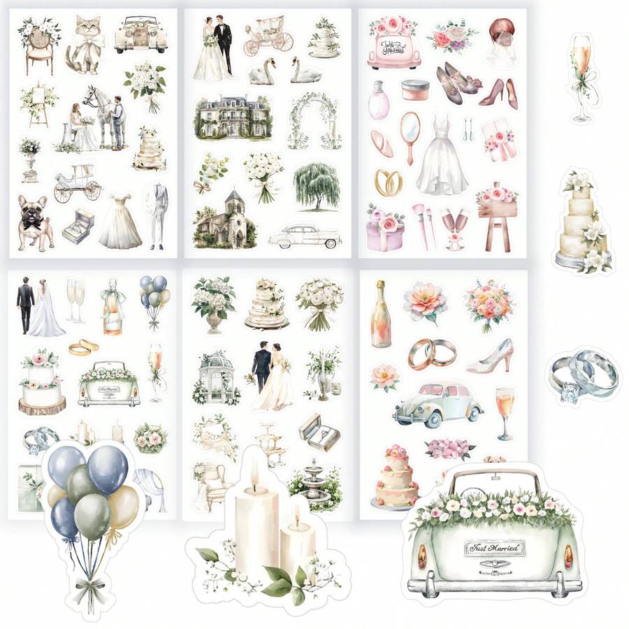 6 件/82 件水彩婚礼主题贴纸套装，包括包装贴纸、节日礼物贴纸、策划贴纸，适用于婚礼纪念、婚礼策划、情人节策划、学校用品、返校 - 彩色 - 查看 1