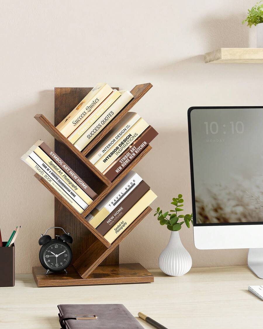 VASAGLE Bibliothèque Arbre, Bibliothèque sur Pied à 5 Niveaux, Étagère d'Angle Gain de Place, avec Étagères, pour Chambre, Salon, Bureau, Marron Rustique - Tabac - Voir 1