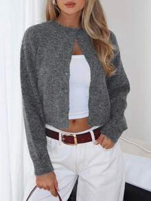 Casual Solid Color Minimalist Single-Breasted Crew Neck Cardigan Sweater, New Autumn Series, Women Autumn Apparel - Grey - View 5