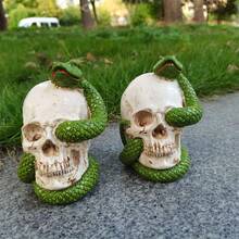 1pc New Creative Halloween Snake Wrapped Skull Decor, Spooky Resin Craft Ornament For Indoor/Outdoor Holiday Decoration