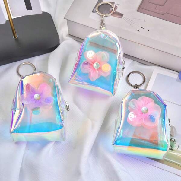 Flower & Faux Pearl Decor Laser PVC Zipper Key Holder Pouch Sweet Style Key Chain For Women Money Wallet Mini Wallet Purse Wallet