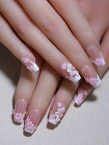 100% Handmade Press On Nails With 3D Hand Carved Floral Nail Decoration Nude And White Color 10pcs Coffin Short Manual Nails French Style False Nail Tips Reusable DIY Nail Beauty For Four Seasons Daily Life - 粉色 - 查看 4