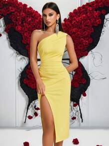 ADYCE 1pc Women Solid Color Pleated One Shoulder Front Slit Ball Gown, Party Dress Elegant Cocktail Semi Formal Prom Wedding Guest Dress, For Birthday,Dinner Formal Dresses, Homecoming Summer,Graduation Dress