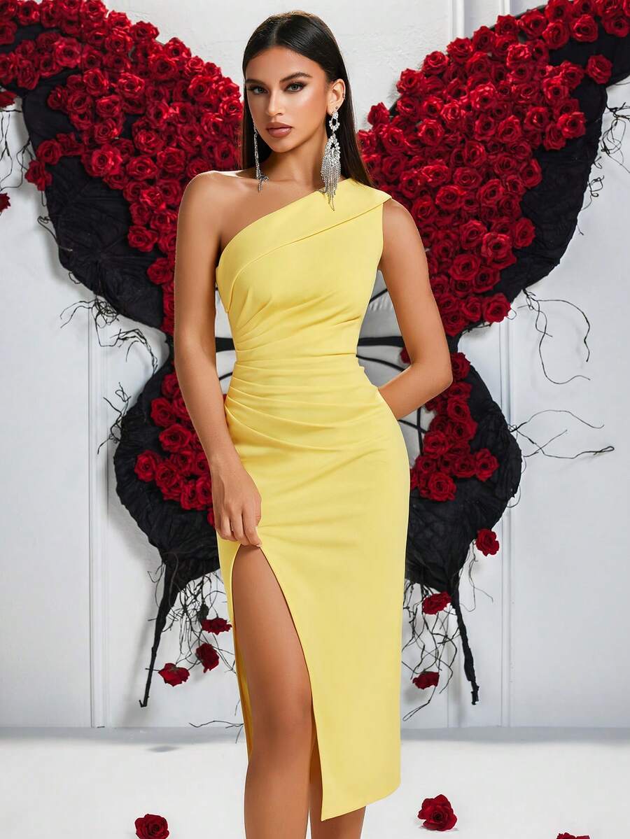 ADYCE 1pc Women Solid Color Pleated One Shoulder Front Slit Ball Gown, Party Dress Elegant Cocktail Semi Formal Prom Wedding Guest Dress, For Birthday,Dinner Formal Dresses, Homecoming Summer,Graduation Dress