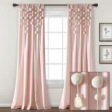 LUSH DECOR Boho Pom Pom Tassel Linen Window Curtain Panel Navy Single 52X84 Halloween-Fall Decor-Room Decor - 臉紅 - 查看 1