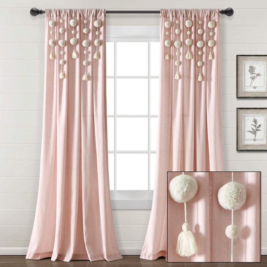LUSH DECOR Boho Pom Pom Tassel Linen Window Curtain Panel Navy Single 52X84 Halloween-Fall Decor-Room Decor - 臉紅 - 查看 1