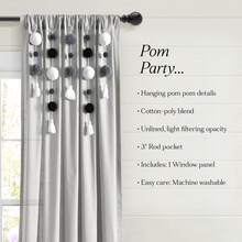 LUSH DECOR Boho Pom Pom Tassel Linen Window Curtain Panel Navy Single 52X84 Halloween-Fall Decor-Room Decor - 灰色/黑色 - 查看 1