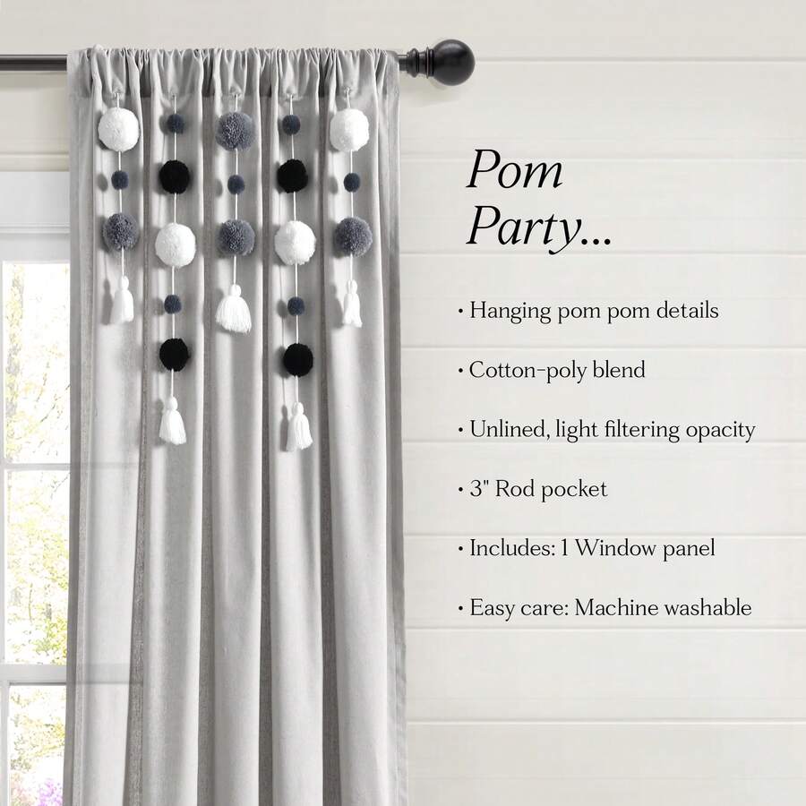 LUSH DECOR Boho Pom Pom Tassel Linen Window Curtain Panel Navy Single 52X84 Halloween-Fall Decor-Room Decor - 灰色/黑色 - 查看 1