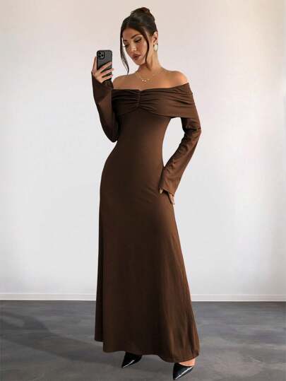 فستان أنيق للنساء بتصميم معروف ذو حافة مكشكشة لون أحادي خريفي