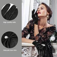 Short Satin Gloves Women Wrist Length Pearl Bridal Wedding Gloves Opera Uniform Banquet Tea Party Tuxedo Dress 1920s - 黑色 - 查看 10