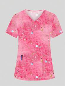 cimmuovere Camicetta donna a maniche corte con scollo a V, stampa carina, due tasche, divisa da infermiera, abbigliamento da lavoro per dentisti, operatori sanitari, veterinari, laboratori, primavera - Multicolore - Visualizzare 1