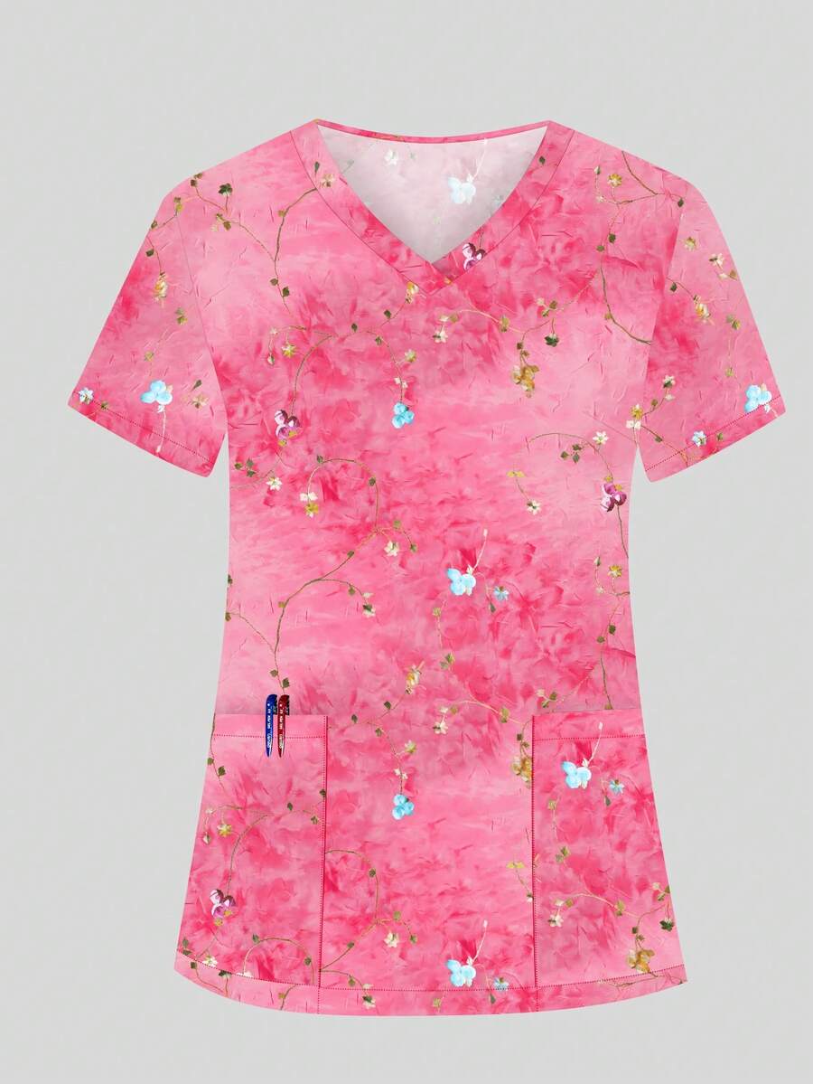 cimmuovere Camicetta donna a maniche corte con scollo a V, stampa carina, due tasche, divisa da infermiera, abbigliamento da lavoro per dentisti, operatori sanitari, veterinari, laboratori, primavera - Multicolore - Visualizzare 1