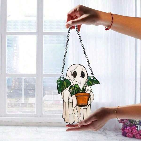 1pc Ghost Catcher - Colorful Acrylic Window Decor, Cute Ghost & Plant Decoration, Gothic Catcher, Ghost Home Decor, Halloween Window Decor, Haunted House Aesthetic, Suitable For Home, Bedroom, Living Room, Wall Decor (Remove Protective Film Before Use, Made Of Acrylic, Not Glass), Room Decor, Bedroom Decor, Halloween Decor, Autumn Decor