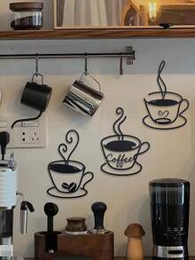 3 件套现代黑色金属咖啡杯壁挂艺术，咖啡厅家居装饰，工艺品墙面装饰，适用于客厅、餐厅、厨房背景、室内使用（带安装螺丝） - B款黑色 - 查看 4