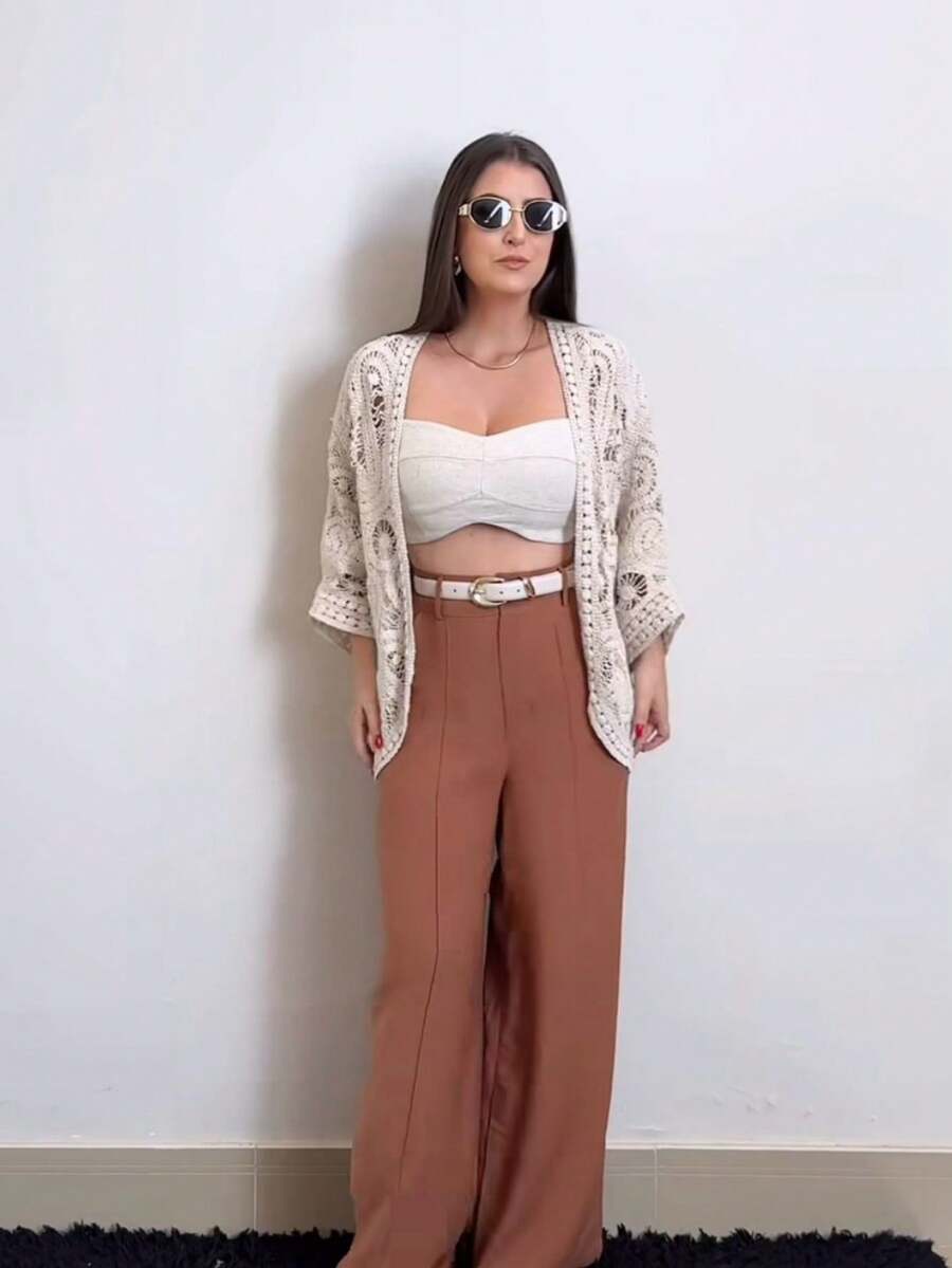 JEMMY MODA Women's Lyocell Fabric Wide Leg Pants With Casual Pocket And Belt - màu nâu - Xem 1