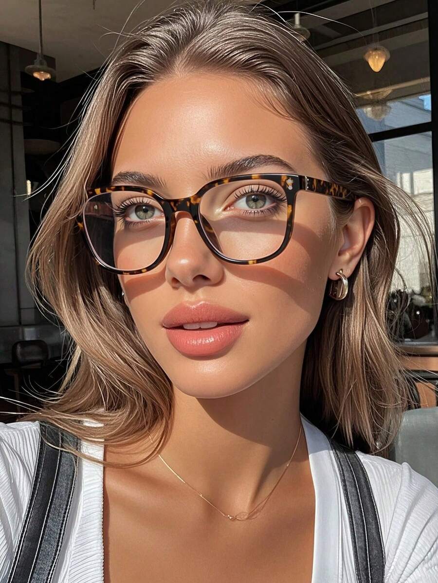 1 par de gafas cuadradas simples con remaches de moda sin receta, adecuadas para la oficina diaria, el estudio, la lectura, las fiestas, las vacaciones, la fotografía y otras ocasiones - Estampado de leopardo - Ver 1