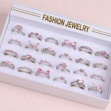 10枚/套 优雅时尚粉色水晶戒指，蝴蝶和心形，浪漫约会，情人节礼物，日常配饰