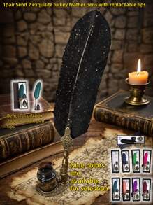 1 件羽毛笔套装、闪闪发光的羽毛笔套装、古董书法墨水笔（带墨水）、2 个替换笔尖、笔架底座、豪华复古签名笔、复活节和万圣节写信笔。 - 彩色 - 查看 12