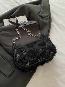 1 件黑色尼龙面料顺滑拉链金属链花卉图案装饰时尚百搭休闲 2025 跨境新款小众单肩手提包，适合女性日常使用