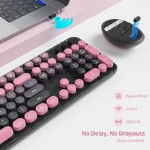 Conjunto de teclado y ratón inalámbricos, bonito conjunto de teclado y ratón, teclado de máquina de escribir de tamaño completo con teclado numérico, teclado colorido con teclas redondas para PC portátil con Windows - Rosa Fucsia - Ver 3