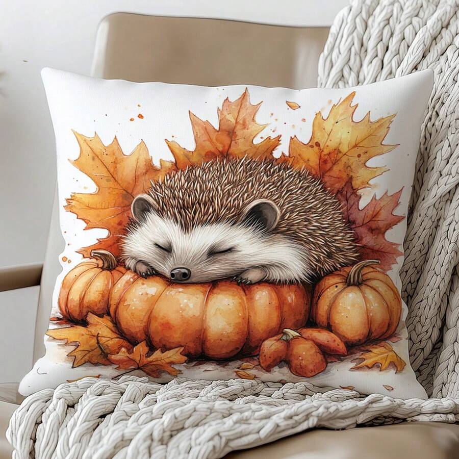 1pc Autumn Hedgehog Sleeping On Pumpkin Decorative Pillow Cover, Single-Sided Printed Peach Velvet, 45*45CM/18*18inch, Suitable For Room Decor, Modern Minimalist Sofa Living Room Decor Gift