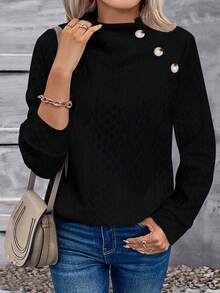 Fashionable High Collar Button Casual Sweatshirt, Versatile For Daily Wear - Black - View 1