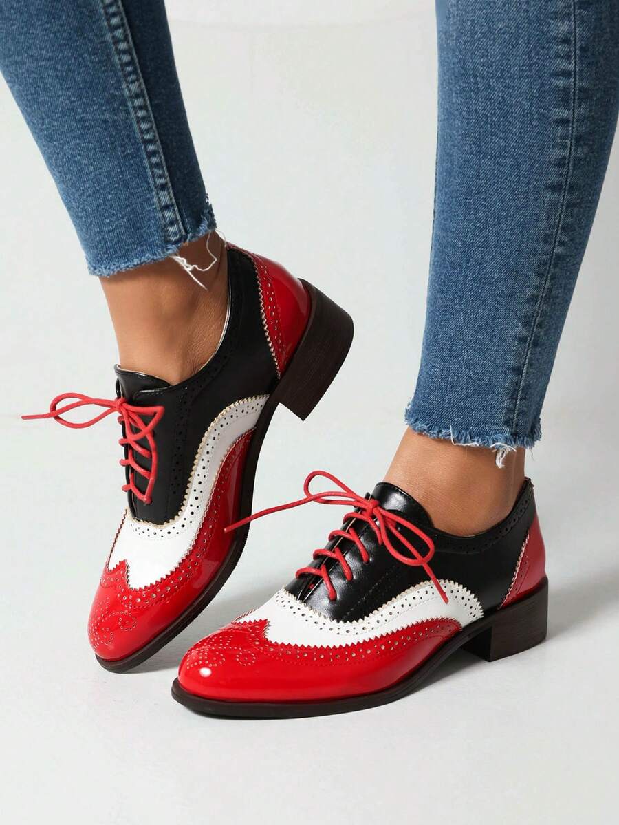 Women's Pointed Toe Lace-Up Brogue Pumps Fashion Mixed Colors Patchwork Block Chunky Heel British Style Flat Oxford Shoes - 紅色 - 查看 1