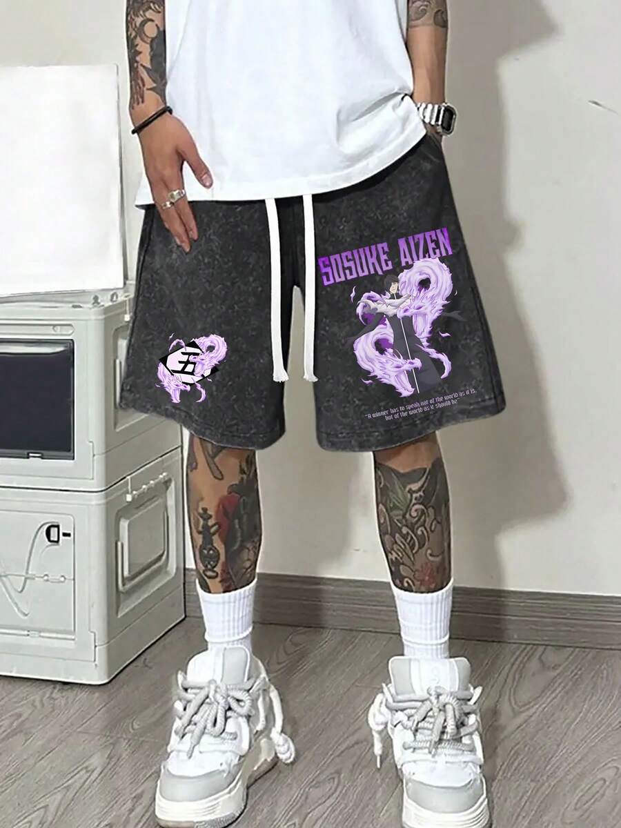 290g Washed Shorts, Cartoon Anime  Cool Double Headed Dragon Double-Sided Printing Summer Men's Retro Washed Casual Street Sports Shorts, Comfortable And Breathable, Daily Wear, Adjustable Drawstring Waist, Elastic Belt And Pocket - 黑色 - 查看 1
