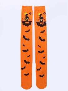 1 双万圣节派对过膝袜，女式大腿袜，带蝙蝠和幽灵印花