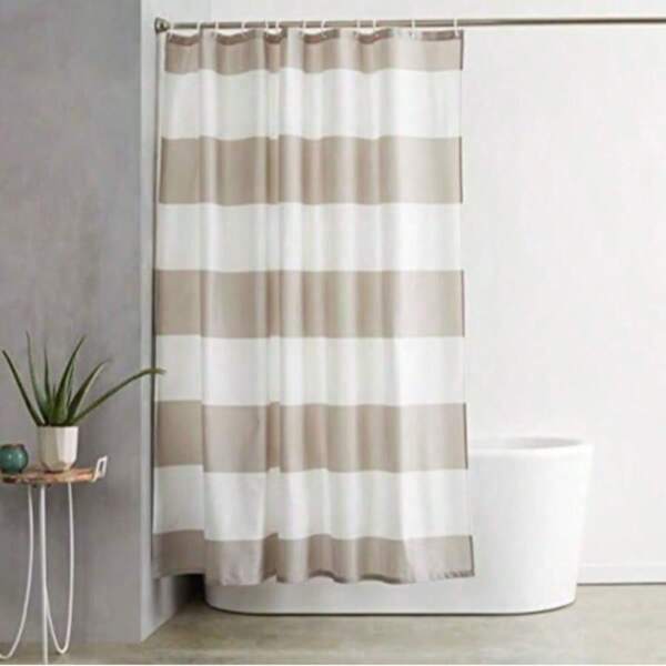 Cortina de ducha de tela resistente al agua con ojales y ganchos, lavable a máquina, grande, color marrón claro, beige