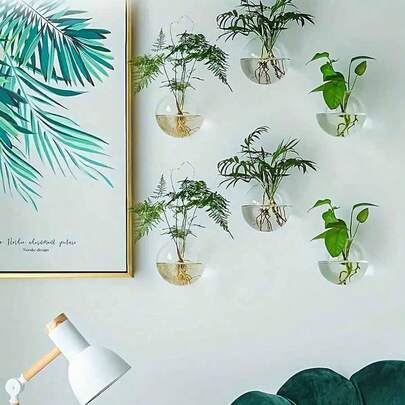 Round Glass Terrarium Vase, Wall Hanging Planter For Plants, Hydroponic Vase, Home Office Living Room Decor, Wall Mounted Fish Bowl, Hanging Hydroponic Vase, Bedroom Wall Decor (Random Style Shipped)