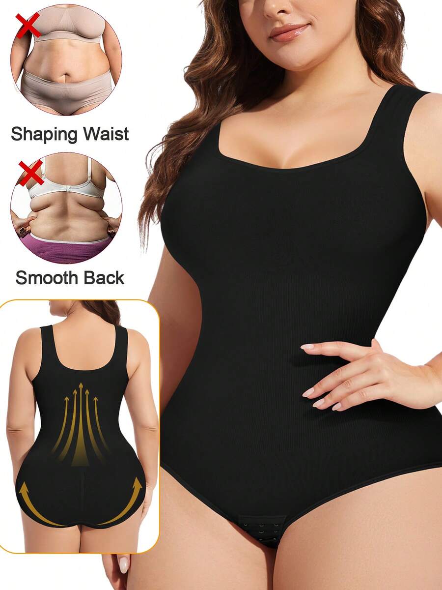 Women's Sculpting Shapewear Bodysuit Tummy Control Compression Waist Trainer Full Body Shaper Butt Lifter Wide Strap Tank Tops  Snatched Waist Square Neck Slimming Jumpsuit Plus Size - 黑色 - 查看 1