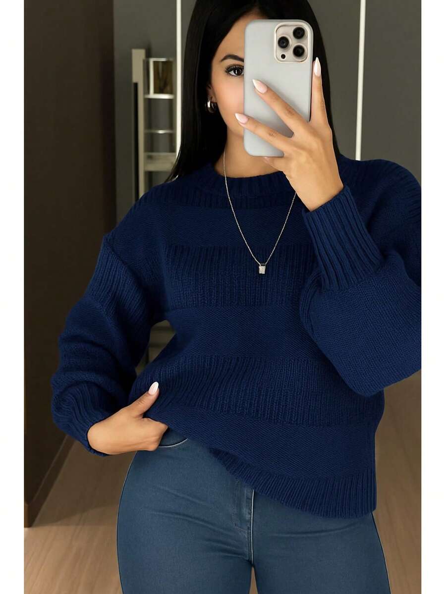 Women's Knitted Blouse With Striped Details. Wool-Like Fabric. Striped , October Winter. - Navy Blue - View 1