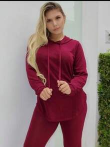 Women's Lanzinha Set, Blouse And Pants, Simple Casual, Knitted Fabric, Pocket, , Home, Night, Street - 紅色 - 查看 2