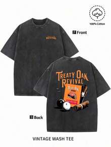 Men'S Bold "TREATY OAK REVIVAL" Print T-Shirt, Casual Round Neck Short Sleeve, 230g Washed Cotton, Summer High Quality Casual Sportswear, Comfortable And Breathable, Machine WashableNew Unisex T-Shirt - 黑色 - 查看 1
