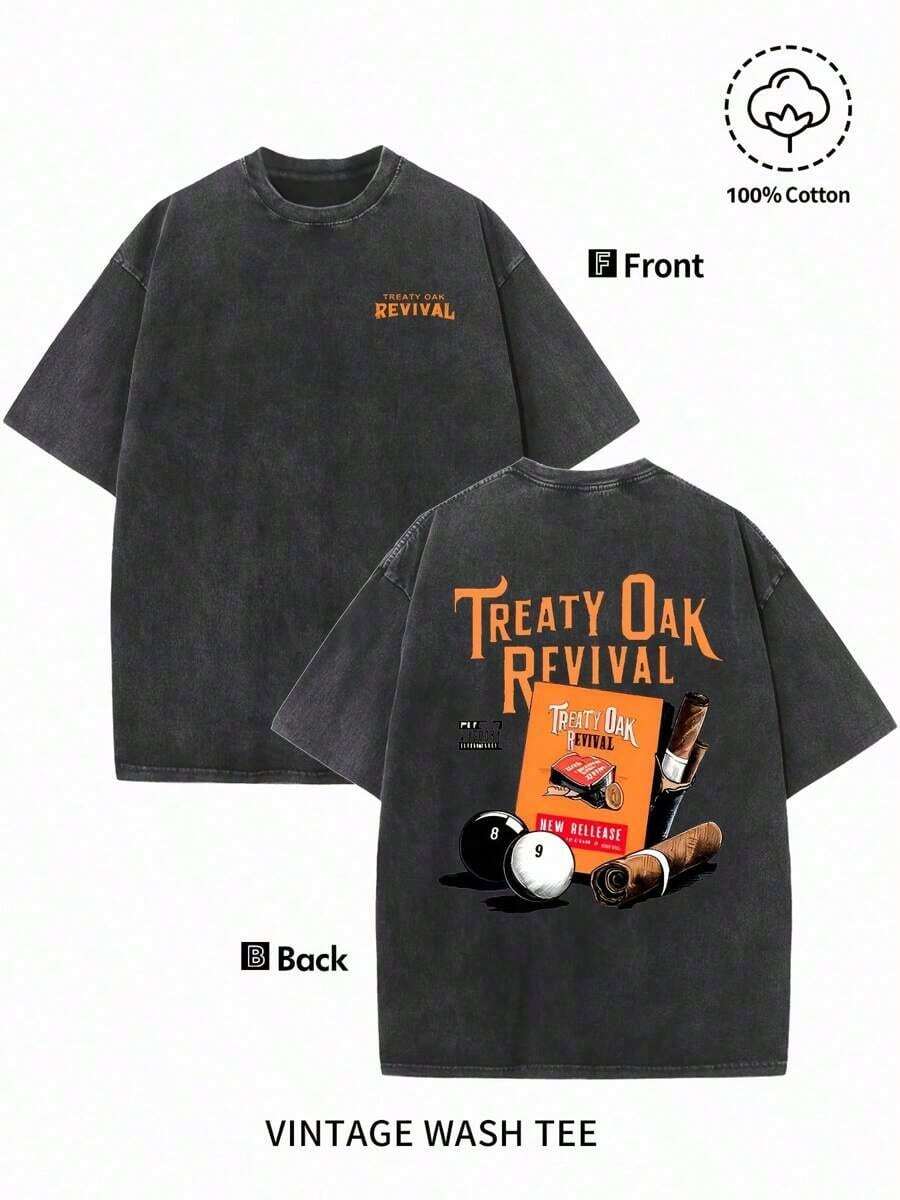 Men'S Bold "TREATY OAK REVIVAL" Print T-Shirt, Casual Round Neck Short Sleeve, 230g Washed Cotton, Summer High Quality Casual Sportswear, Comfortable And Breathable, Machine WashableNew Unisex T-Shirt - 黑色 - 查看 1