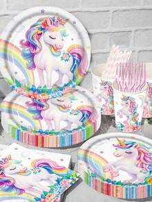 144pcs Unicorn-Themed Party Tableware Set Gift Pack: Paper Plates (350g), Tissues, Paper Cups, Forks, Straws. Rainbow And Unicorn Elements Make Your Party More Fun. Suitable For Various Occasions And Can Serve 24 People - 彩色 - 查看 5